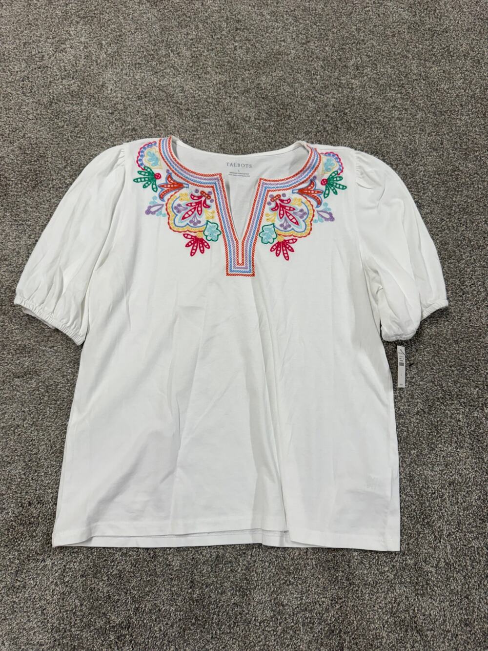Talbots Women's White Short-Sleeve Embroidered Split-Neck Top